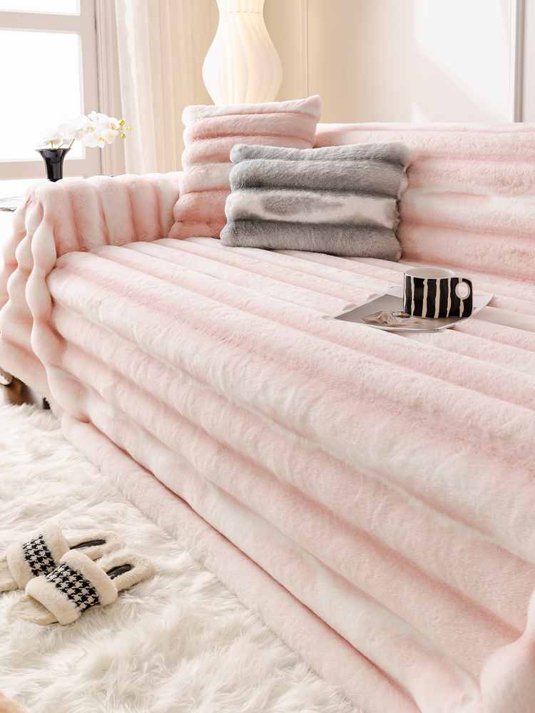 少女風粉色兔毛絨沙發巾冬季保暖全蓋萬能沙發套罩毯