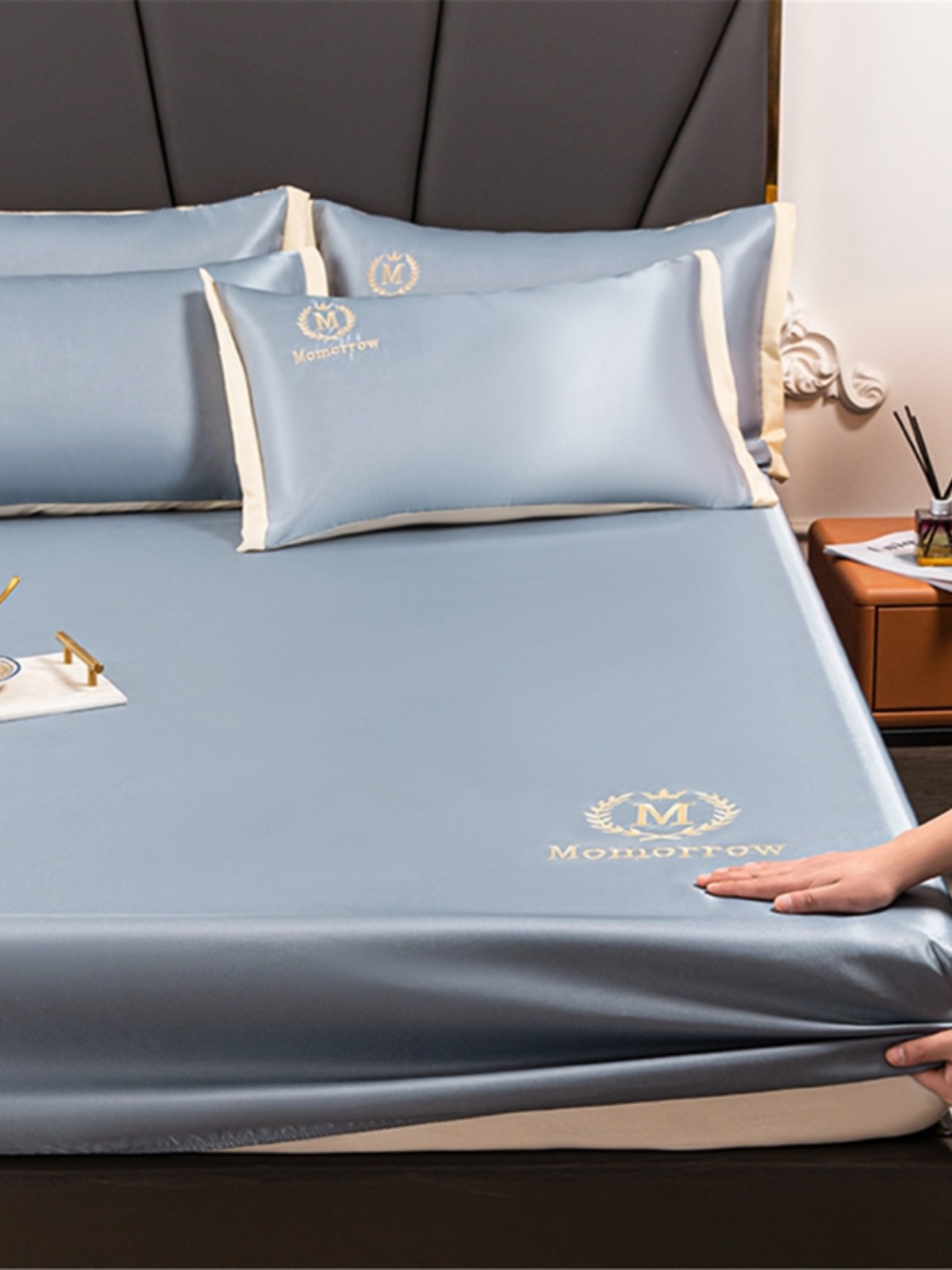 新款900d冰絲涼蓆床笠三件套夏季刺繡空調房透氣床包床套18m