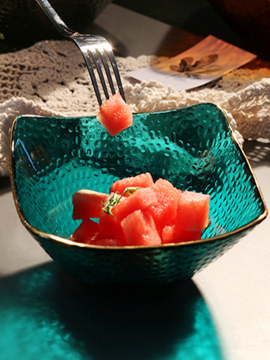 北歐風手繪金邊玻璃碗 四方錘紋裝飾品水果沙拉碗