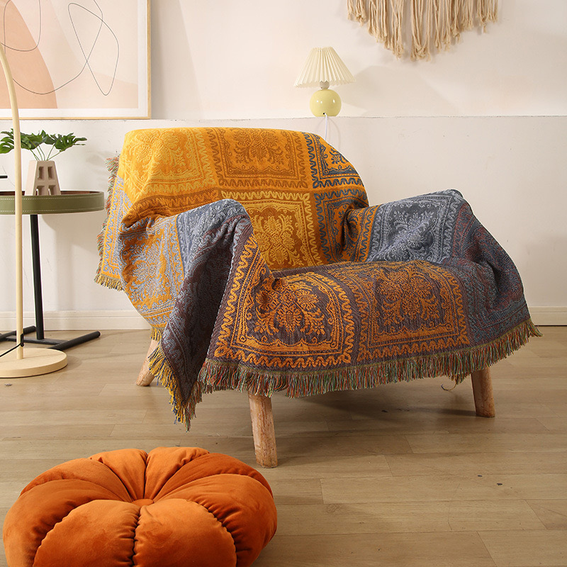 簡約幾何圖案北歐風絨毯 異域藍黃床尾巾蓋毯 沙發墊沙發罩四季通用