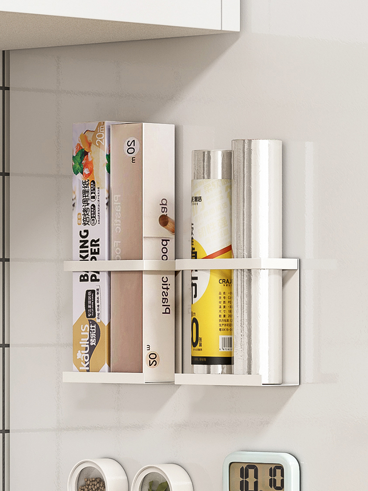 日式風格鐵架保鮮膜收納架磁吸設計免打孔壁掛式安裝單層置物適用於廚房和冰箱側面
