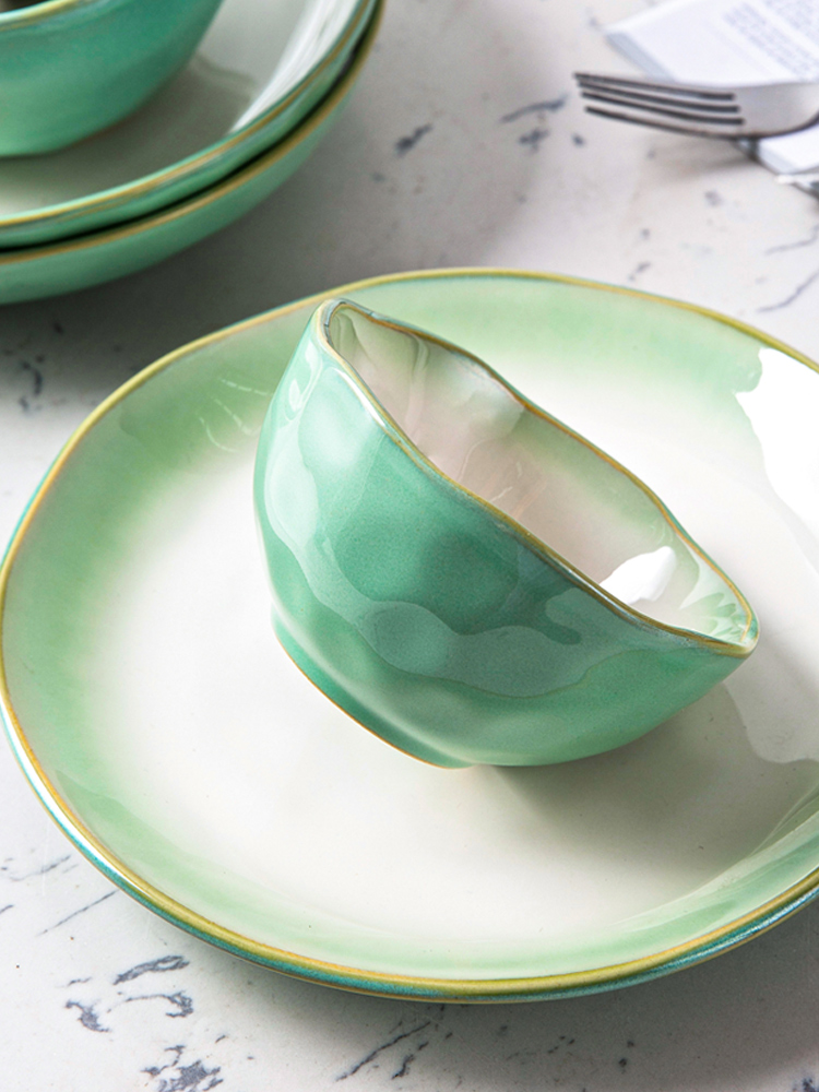 玉泉青荷歐式風格瓷碗釉下彩純色設計圓形45英寸小碗單個出售適用於米飯湯品等