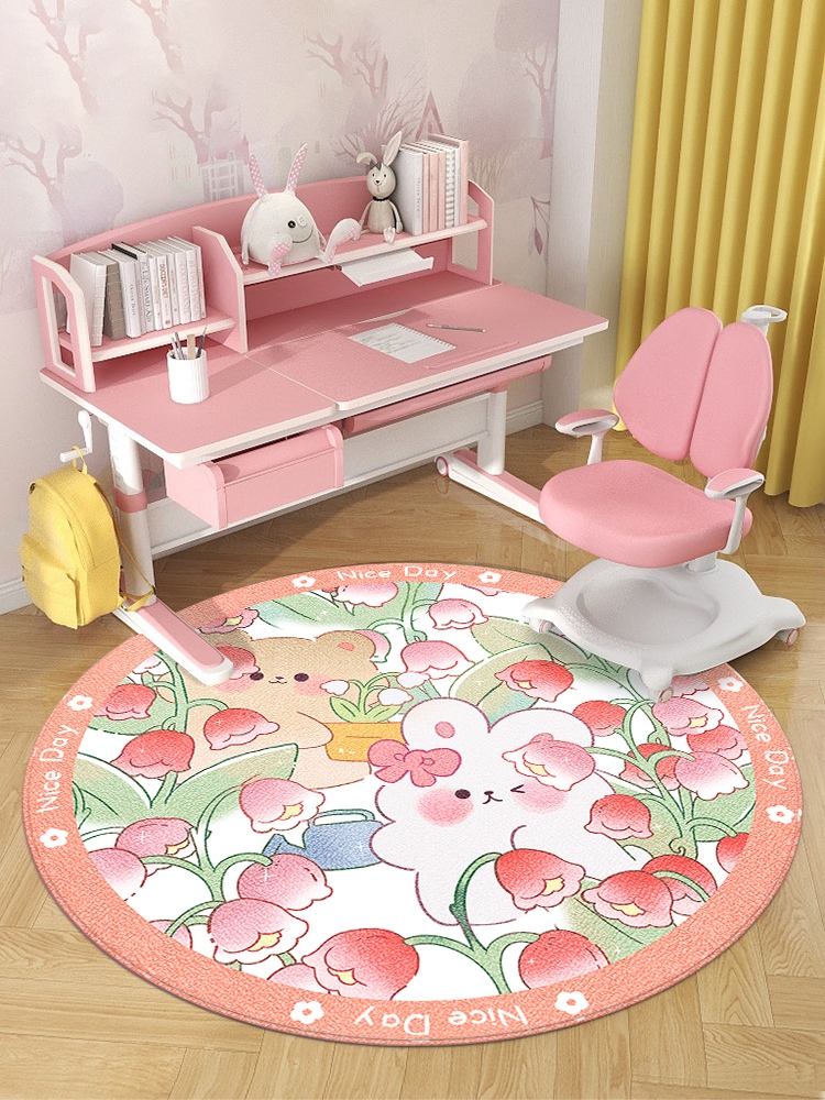 圓形地毯柔軟可愛女孩粉色花朵兒童臥室學習書桌椅下地墊
