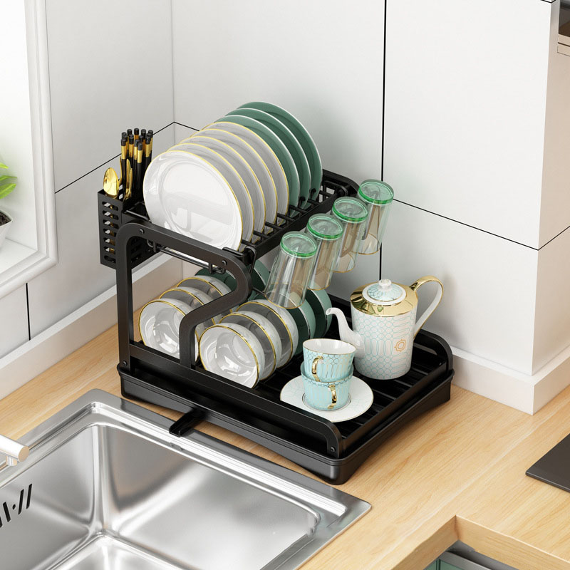 簡約免打孔雙層瀝水架 碗盤置物收納架 廚房瀝水碗架 碗櫃器皿收納