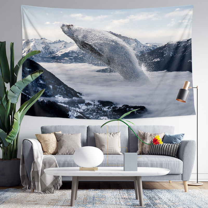 海洋生物白鯨藍鯨虎鯨抹香鯨寫真臥室裝飾畫背景牆布海報掛布簡約現代風格混紡材質長方形掛毯成品銷售