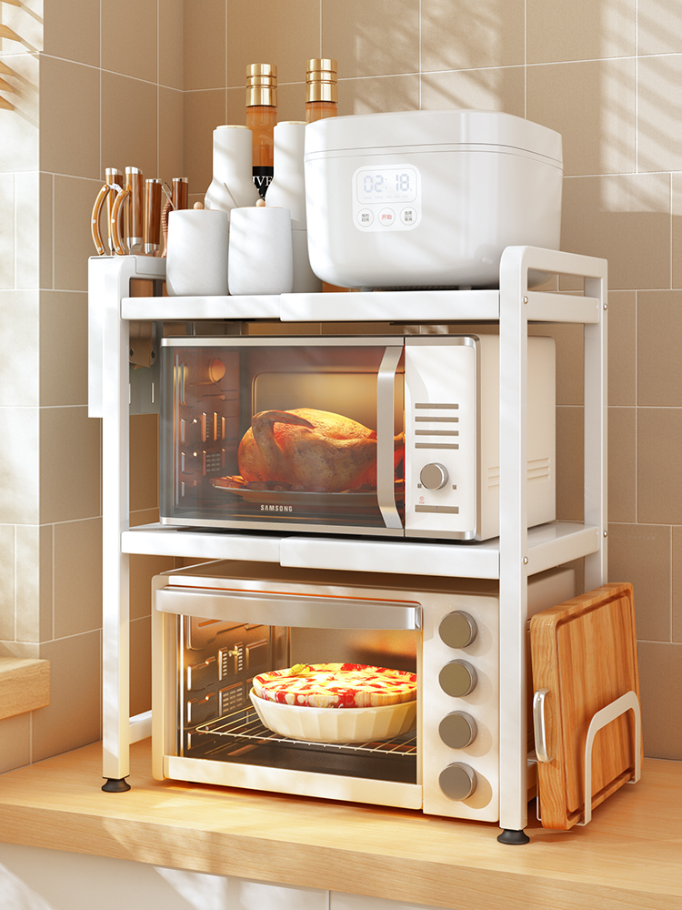 北歐風格防鏽金屬雙層微波爐架可調層高伸縮放烤箱收納架多功能