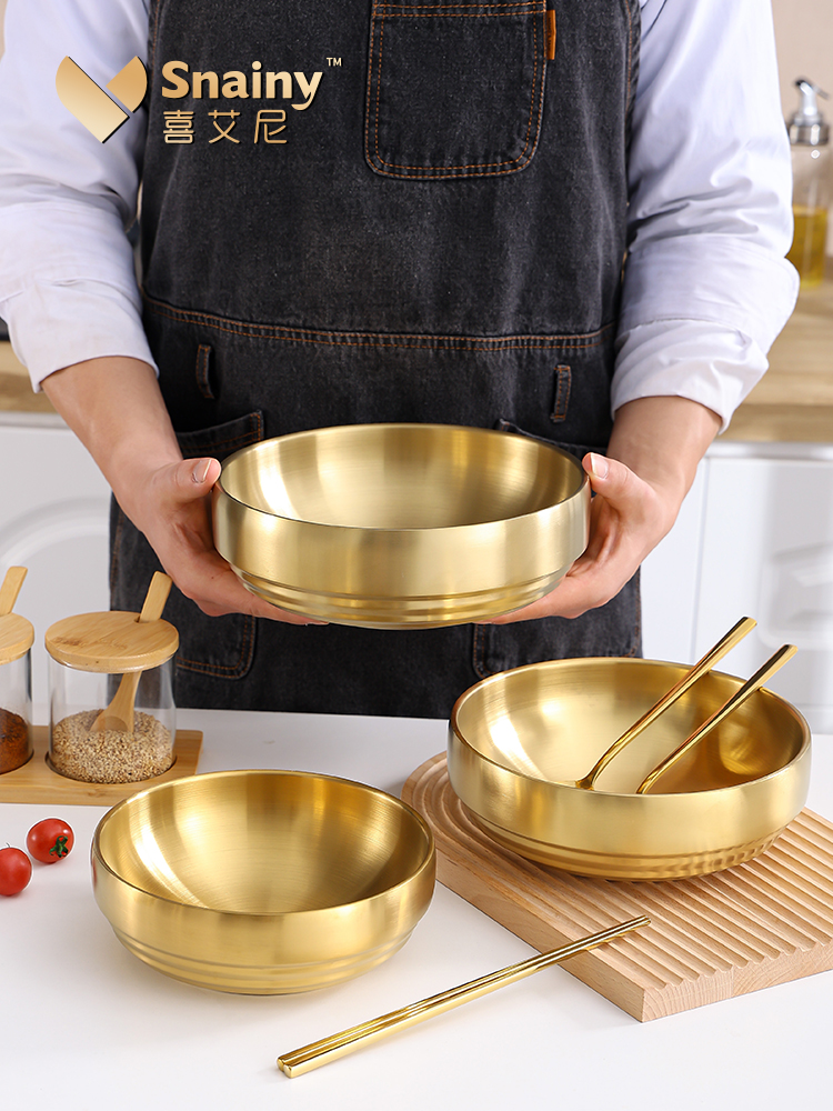 304不鏽鋼冷麪碗商用金色雙層韓式拌麪拌飯碗螺螄粉碗拉麪大湯碗 (6.2折)