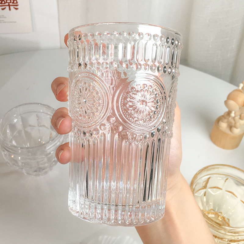 北歐風格太陽花玻璃杯 復古浮雕高顏值果汁杯 女用家庭裝飾水杯