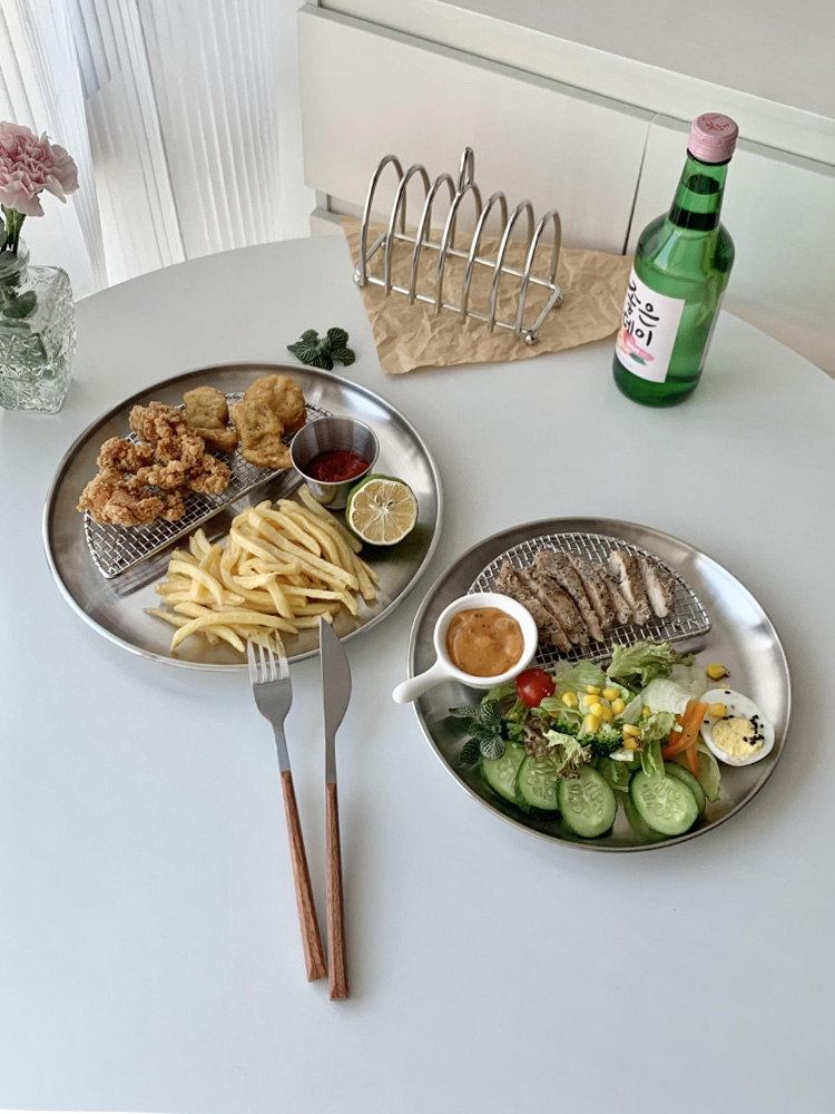 韓式ins風不鏽鋼圓形炸雞盤 點心小吃盤 沙拉盤濾油烤架網餐具盤子