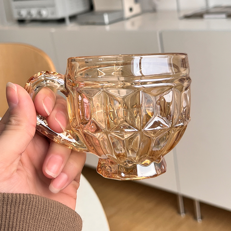 法式琥珀色浮雕玻璃杯 復古帶把 ins風 小水杯 咖啡杯 奶茶杯 飲料杯子