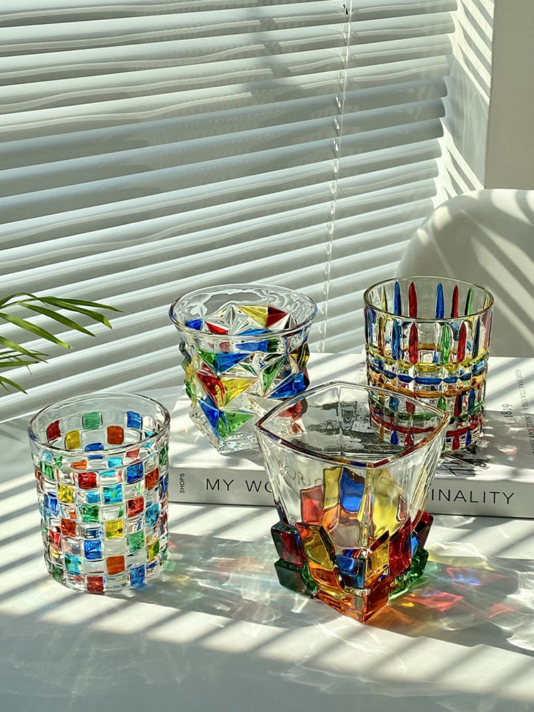 小眾設計ins風彩色玻璃水杯 高級感家用威士忌洋酒杯 彩繪條紋 冰塊 編織 (4.8折)