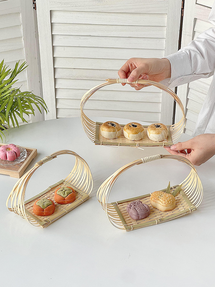 復古風中式竹編果籃 創意提籃 點心糕餅零食擺放盤 (8.3折)