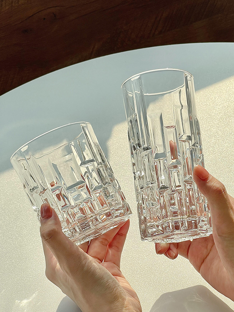 北歐風簡約玻璃杯 創意方塊浮雕設計 ins風牛奶咖啡杯 家用透明喝水杯子