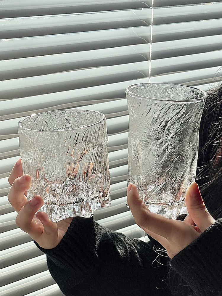 北歐風格冰川紋玻璃水杯透明磨砂質感兩隻裝更優惠商用家用皆宜