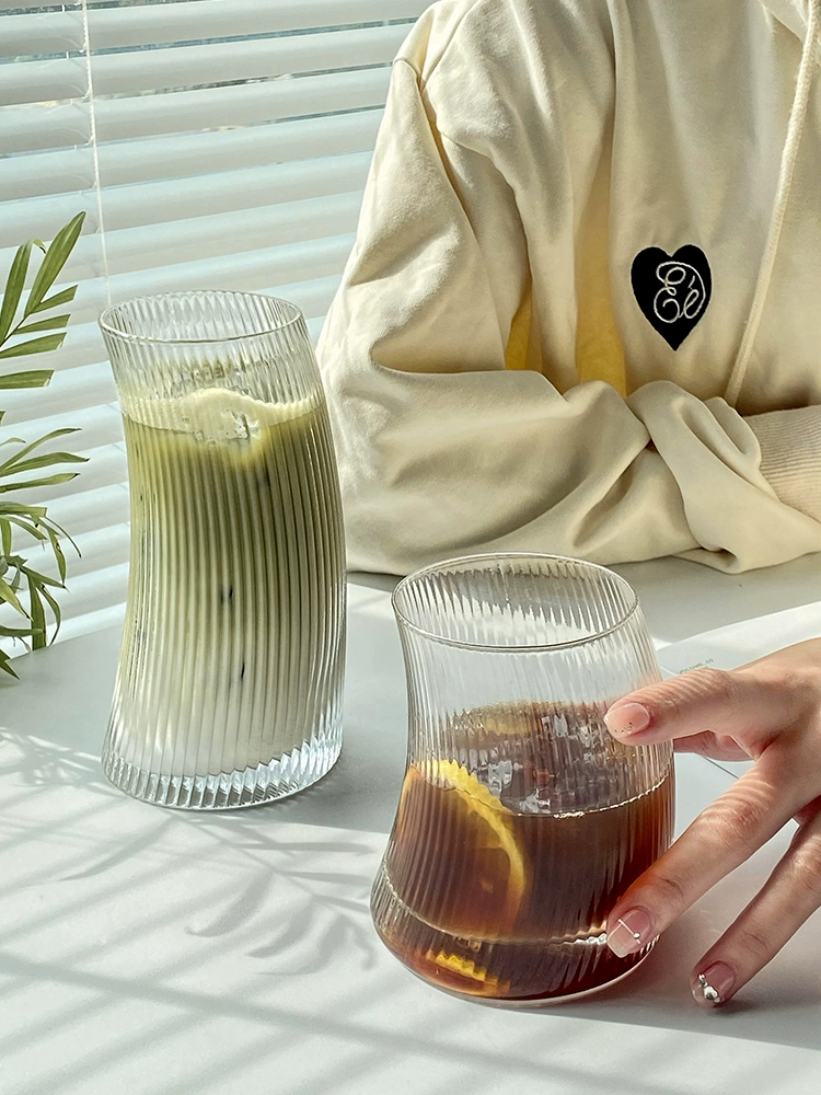 ins風條紋玻璃杯 北歐風格商用果汁咖啡杯 果茶杯