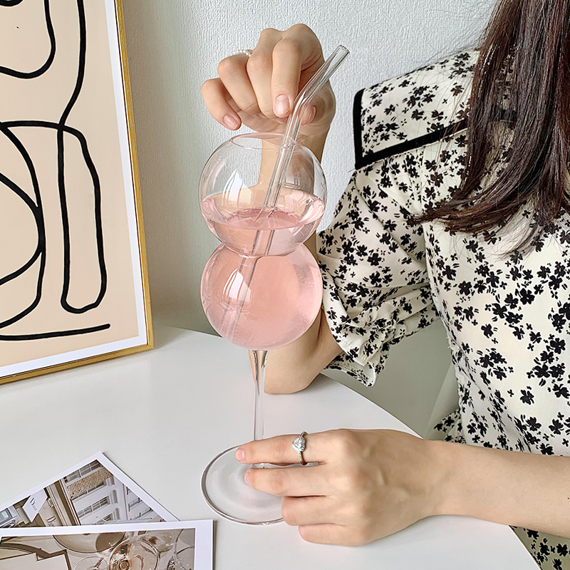 韓式小眾設計無色透明氣泡圓球高腳玻璃杯喝水杯子