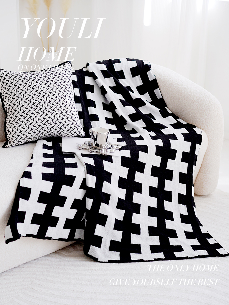 黑白線條簡約現代輕奢沙發毯針織毛毯辦公室午睡毯床尾毯北歐毯子