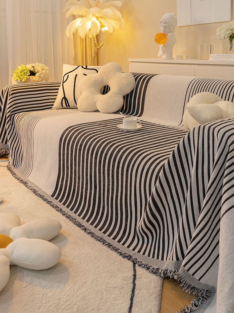 現代簡約黑色線條沙發蓋布 雪尼爾防貓抓全蓋式沙發巾 三人座沙發適用