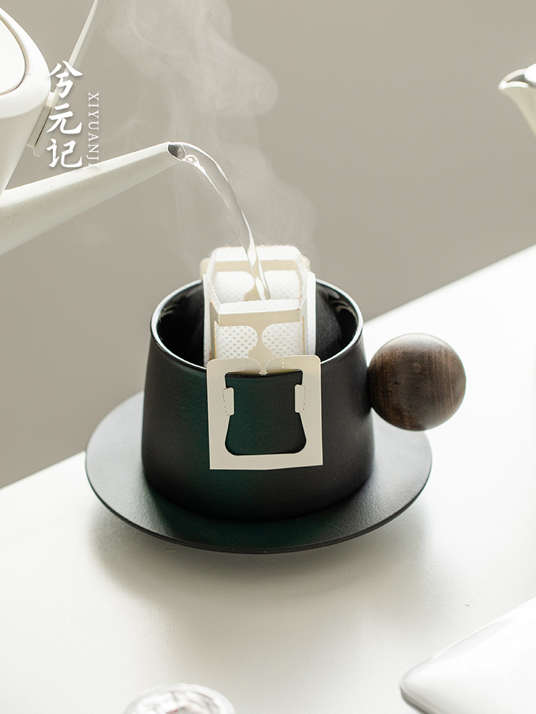 日式復古輕奢咖啡杯套組木柄陶瓷柄可選含勺子單杯或單杯加單碟 (6.6折)