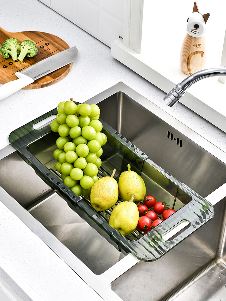 清新風格水槽置物架伸縮設計廚房瀝水籃果蔬籃多功能