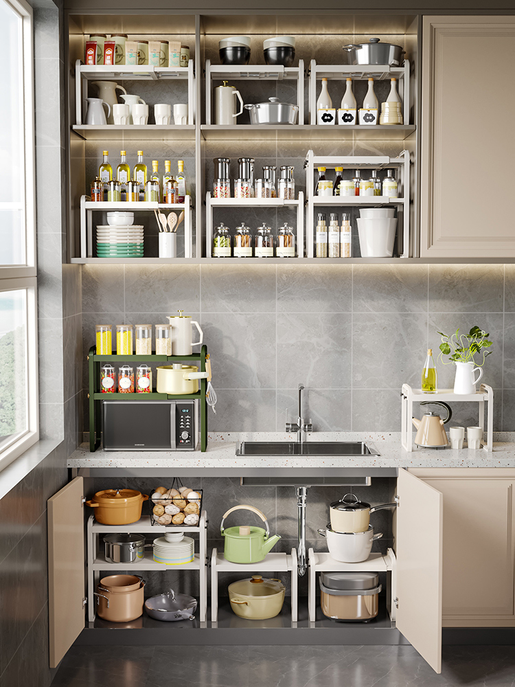 廚房置物架檯面櫥櫃隔板分層架廚房水槽下置物架多層調節收納架