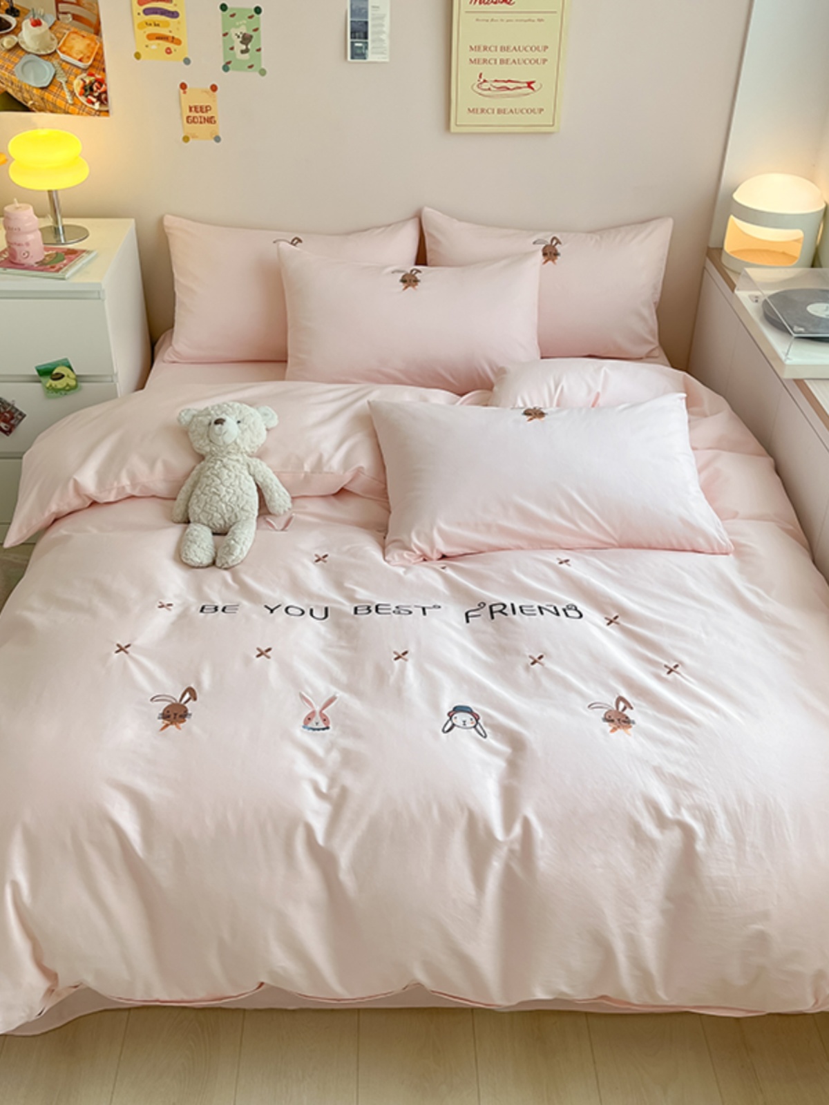 精緻輕奢風全棉水洗棉四件套兔兔家系列刺繡床單床笠款舒適親膚打造溫馨睡眠空間