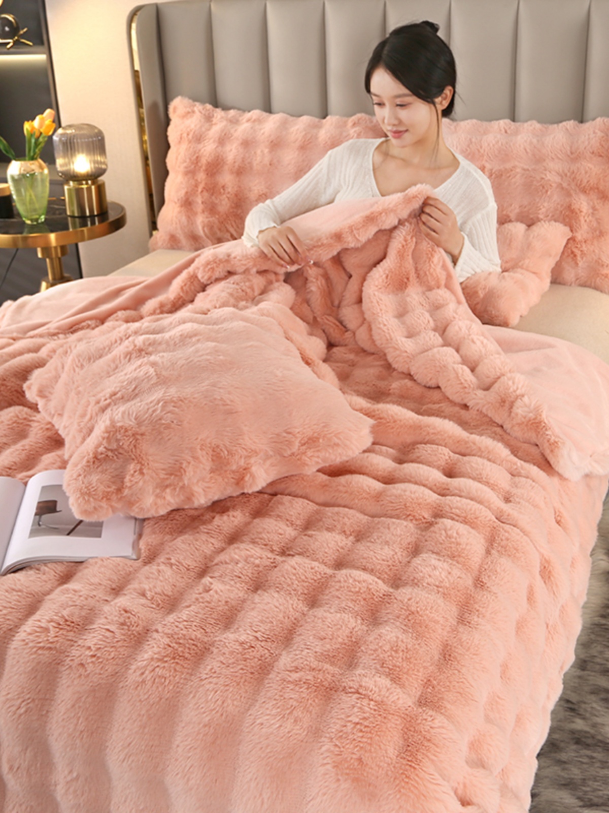 喜分子保暖多功能皮草毯兔絨毛毯居家裝飾毛毯藝術毯