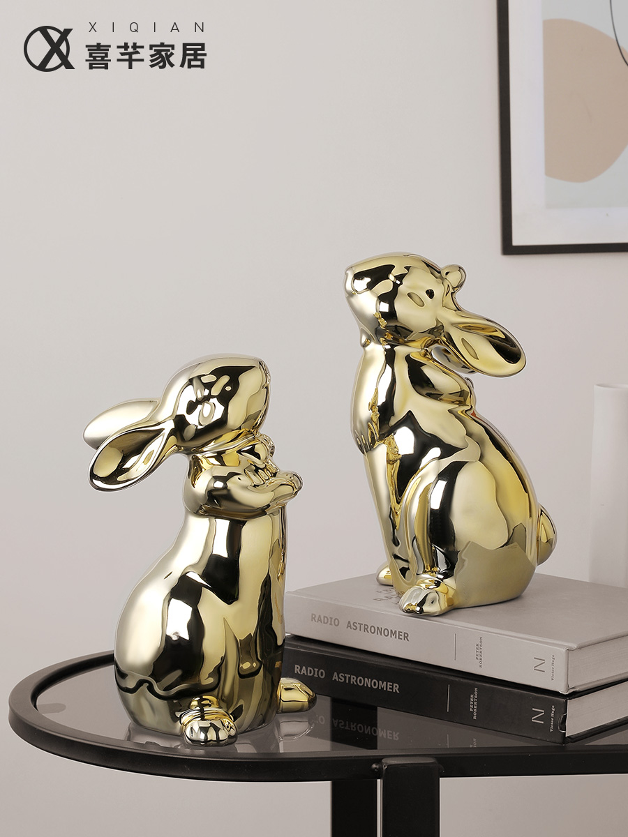 輕奢風電鍍兔子擺件裝飾客廳酒櫃電視櫃新年禮物