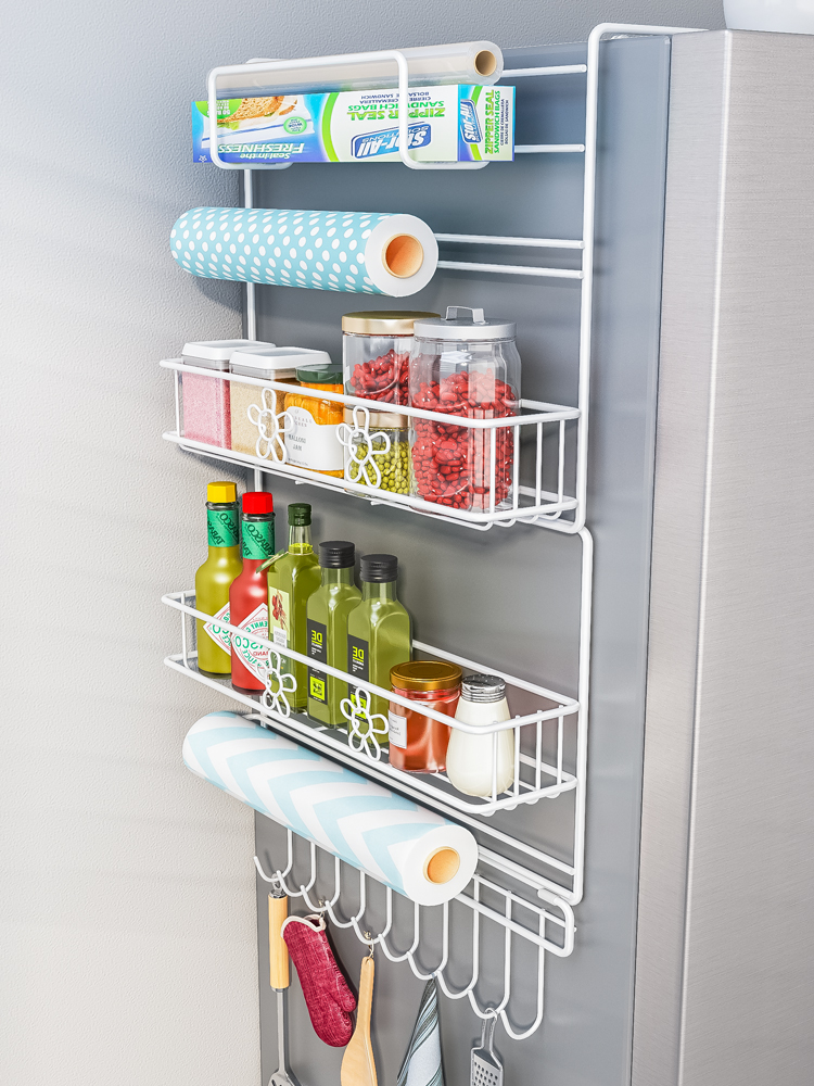 廚房冰櫃多層收納架 北歐風磁吸側邊置物架 冰箱調味料保鮮膜置物架