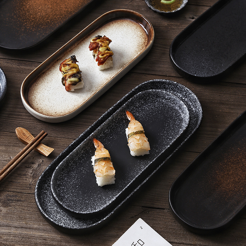 日式精緻陶瓷長條盤 創意橢圓壽司盤家用小吃盤