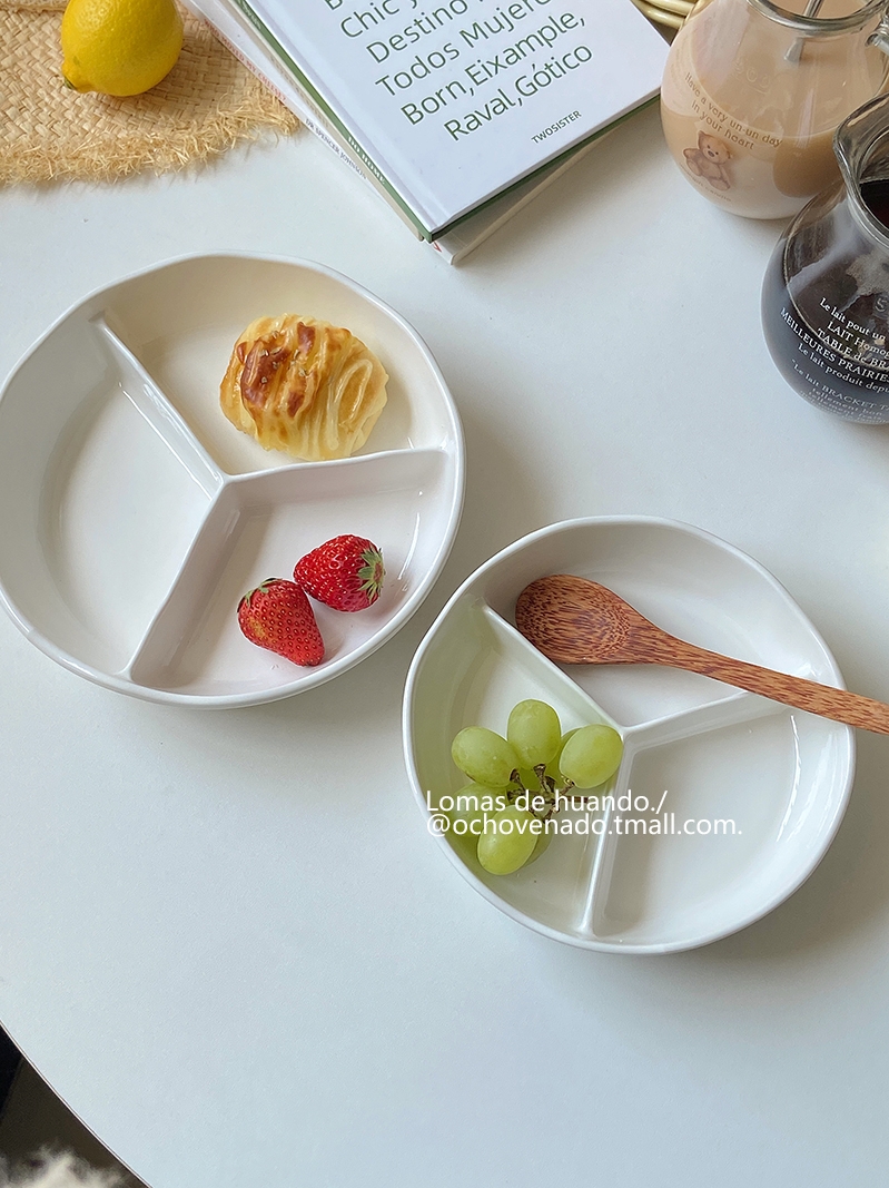 簡約風瓷製餐盤 分隔盤碗三格設計 加深加蓋餐碗