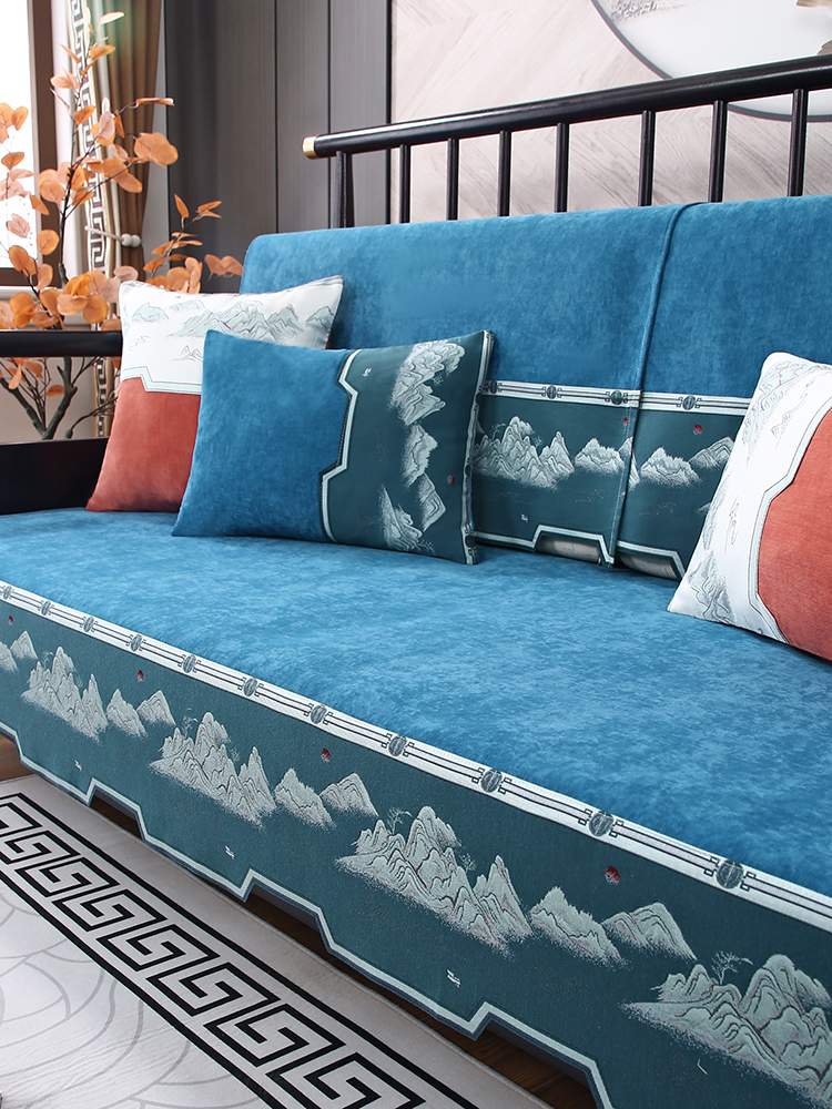 新中式國風高檔沙發套罩 錦繡山河沙發墊 四季通用 舒適防滑坐墊墊子