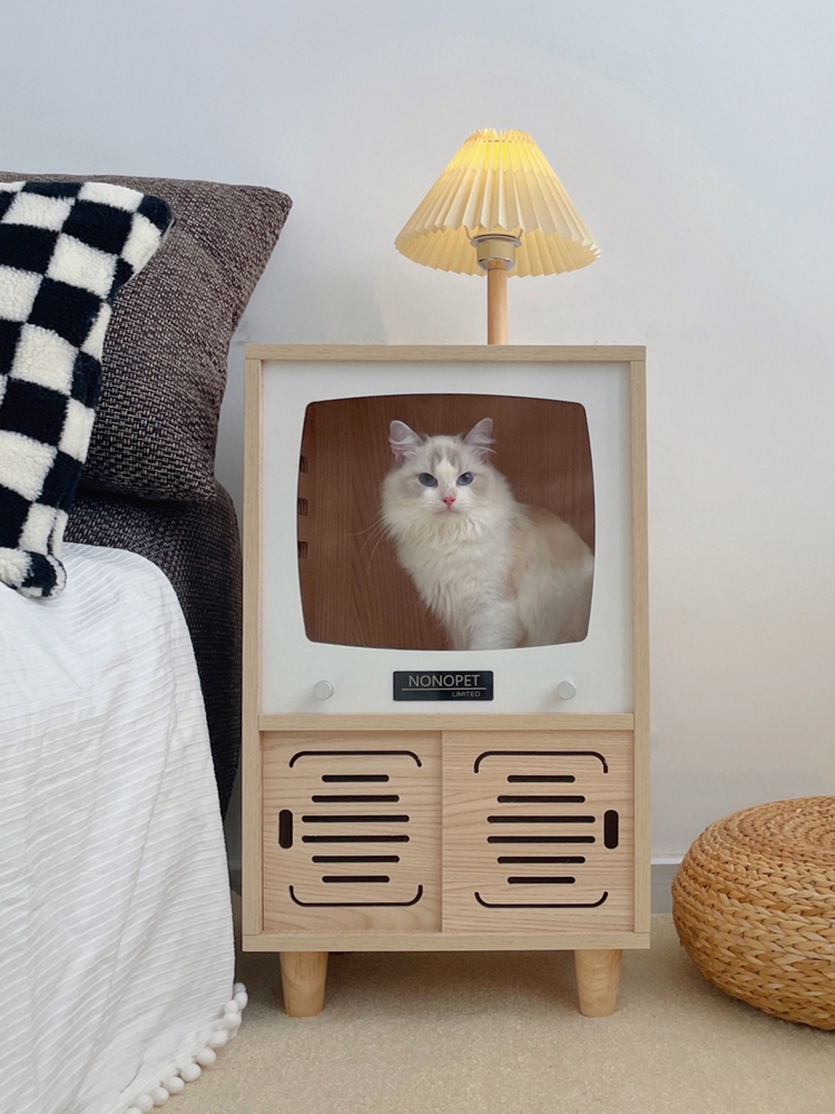 創意實木人貓共用床頭櫃貓窩床 防潮防黴 簡約四季通用 寵物窩貓傢俱