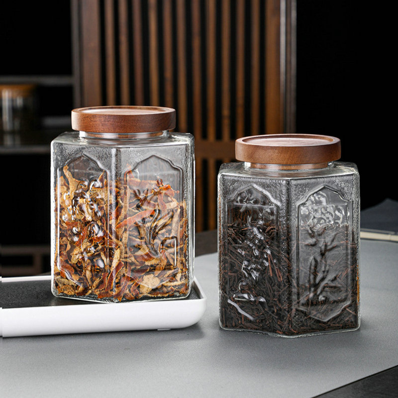 中式風格錘紋玻璃茶葉罐相思木蓋密封罐防潮儲存罐