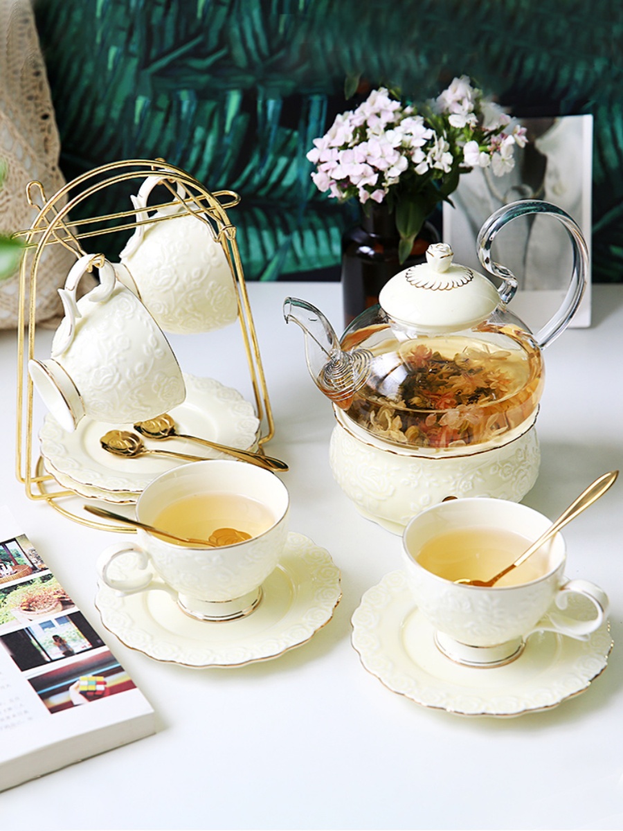 英式下午茶陶瓷玻璃煮水果蠟燭茶具組歐式花茶茶壺白玫瑰金玫瑰46杯碟含鐵架金勺高腳託盤