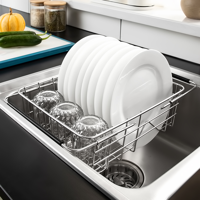 304不鏽鋼中式風格伸縮碗碟瀝水架廚房置物架