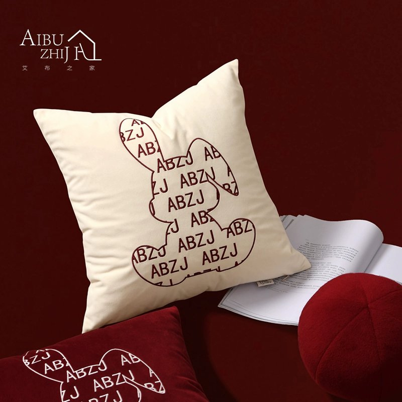現代簡約ins風抱枕 高級米白色紅色兔子繡花 輕奢高端酒店沙發靠枕
