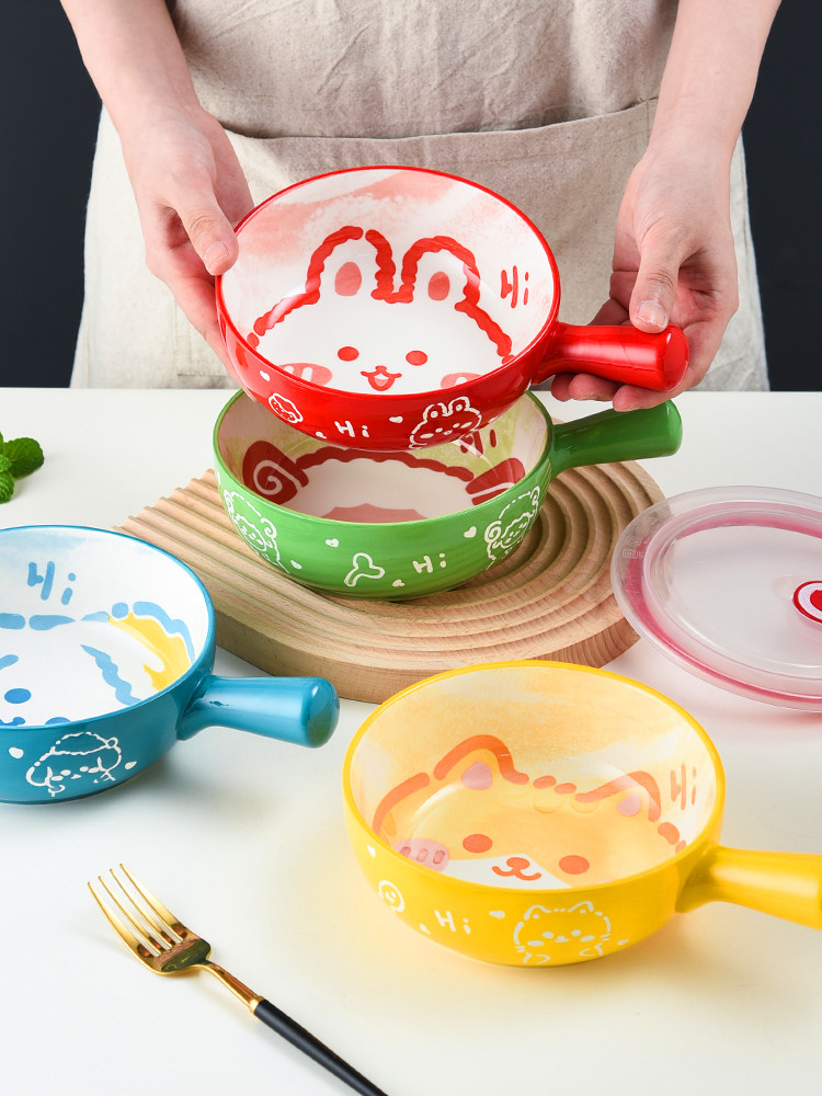 卡通動物烤箱盤帶手柄陶瓷沙拉碗可愛單柄創意日式泡麵碗