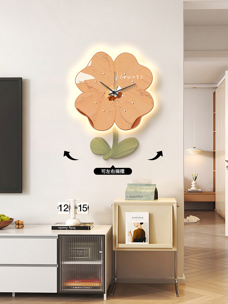 奶油風掛鐘 客廳創意時鐘壁燈 靜音掛牆鐘 木質簡約現代風格 (4.9折)