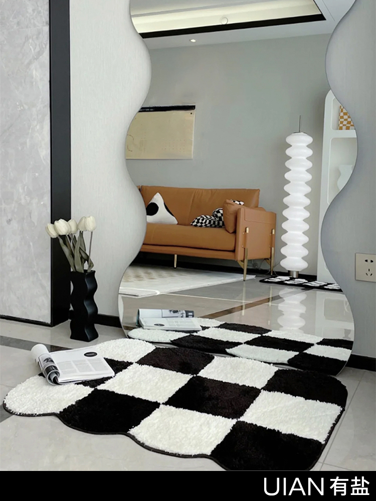 簡約黑白棋盤地毯清新現代幾何圖案臥室客廳床邊毯吸水地墊