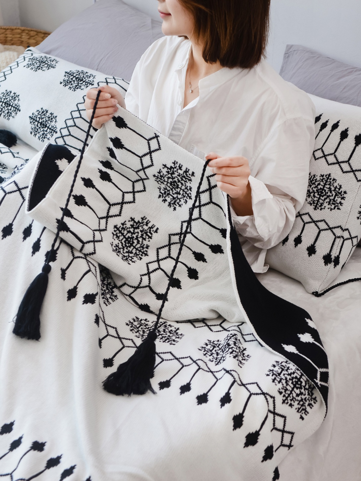 北歐水墨圖案沙發裝飾毯 黑白春秋毯床尾毯 棉布客廳裝飾毯