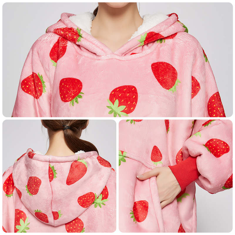 可愛草莓印花可穿式連帽絨毯 適合成人兒童的懶人服