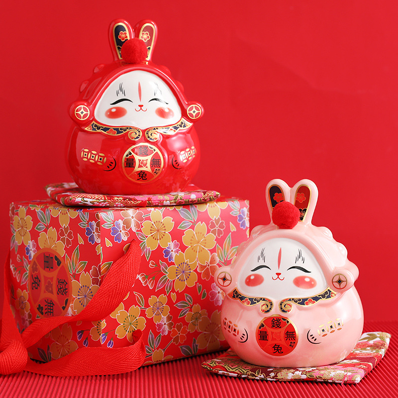 招財兔造型陶瓷存錢罐 可愛卡通家居擺件 禮盒裝