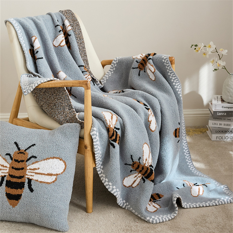 北歐風格冬季絨毯 蜜蜂毯子沙發毯 針織毛毯 抱枕套組合