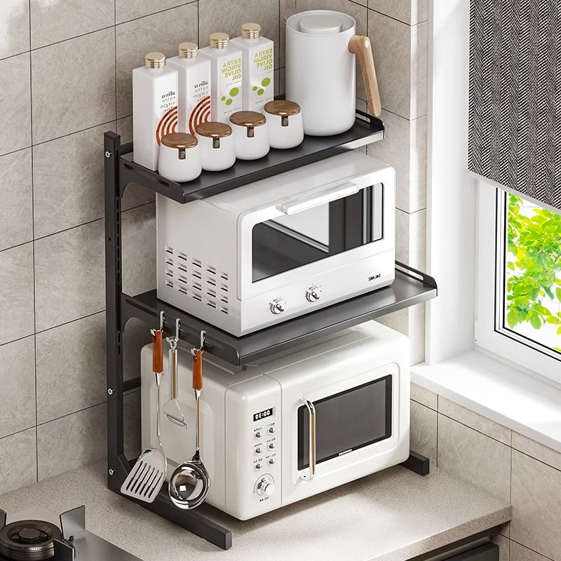 簡約現代廚房收納架多功能置物架雙層伸縮微波爐架