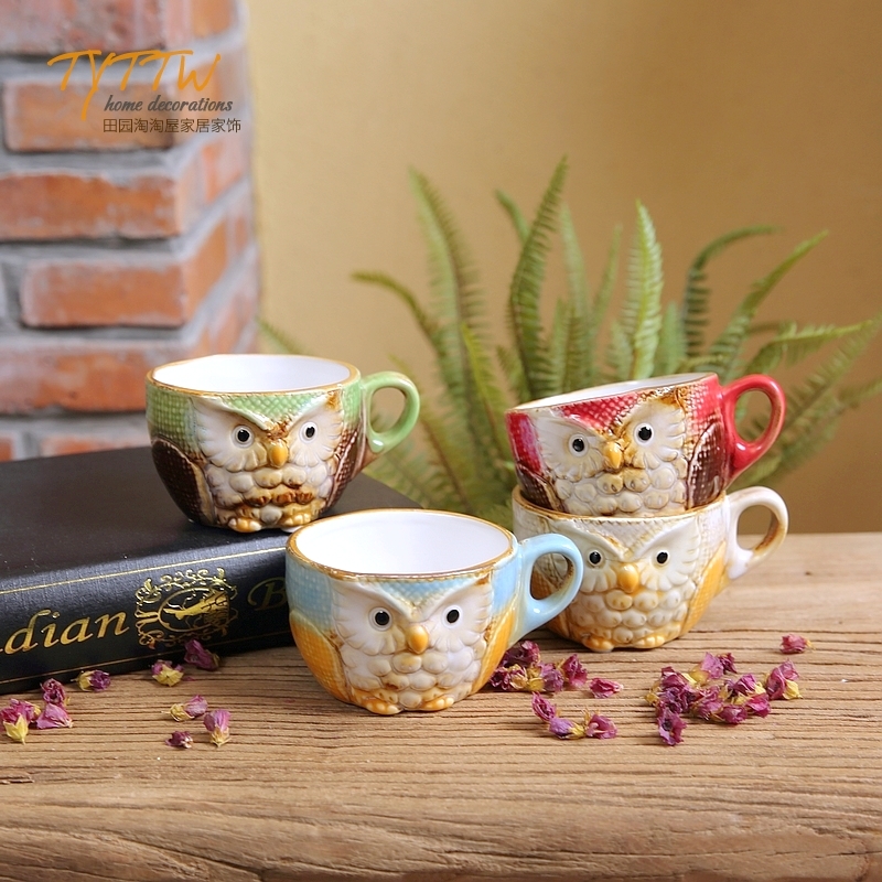 彩繪貓頭鷹陶瓷馬克杯 裝飾擺設 辦公室客廳裝飾擺件