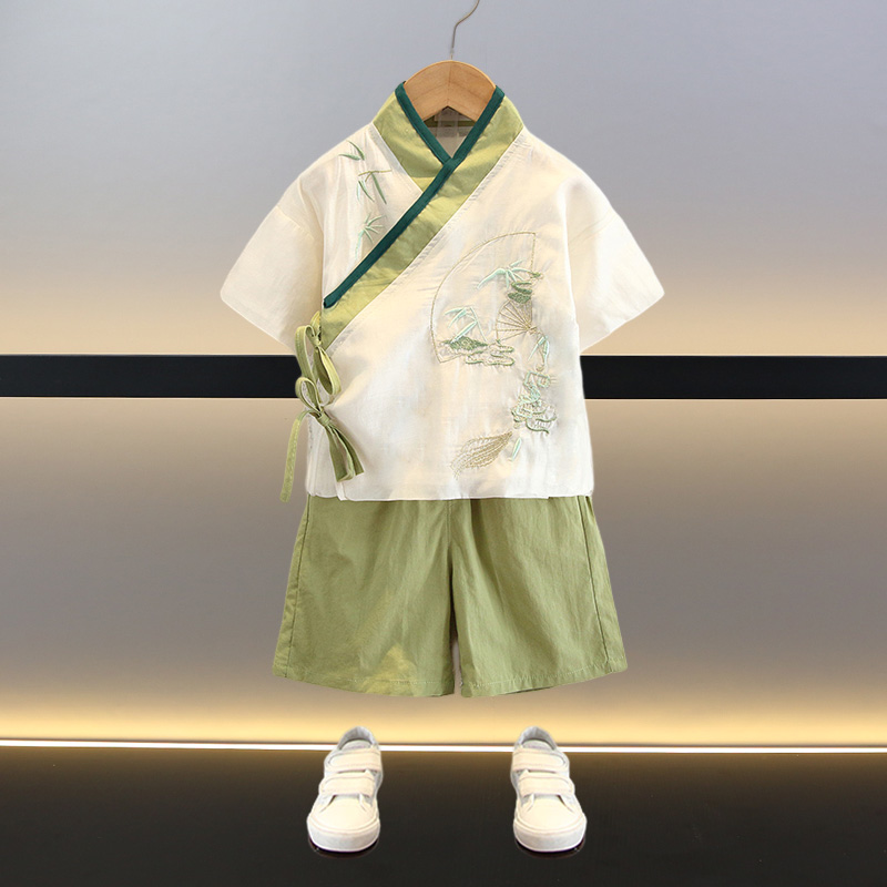 兒童漢服夏季中國風2023新款幼兒園演出服短袖中秋節男童唐裝套裝