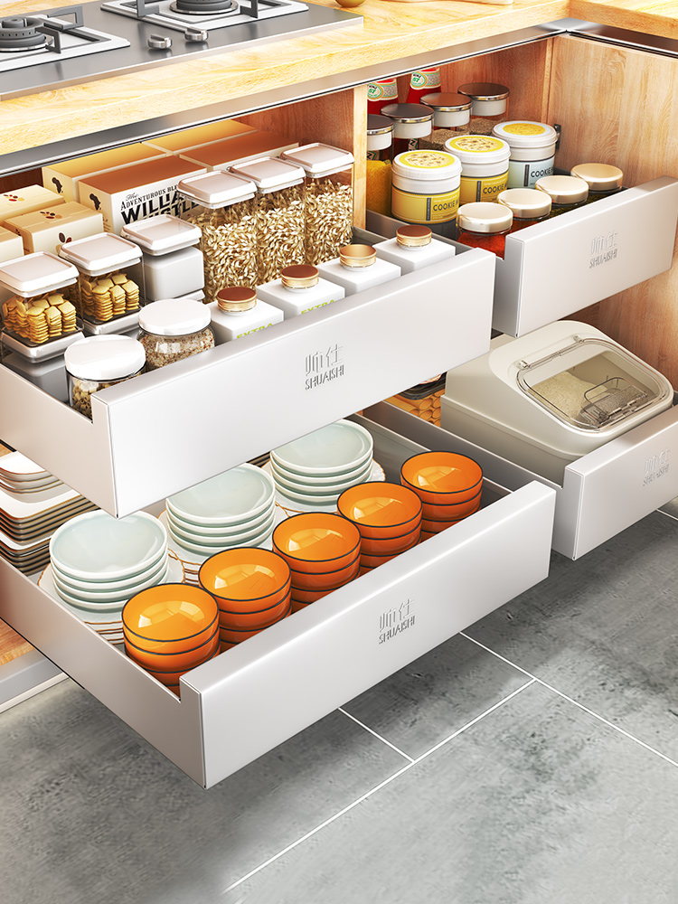 北歐風可伸縮抽屜式櫥櫃收納架 多功能調味料整理神器 廚房分層置物架