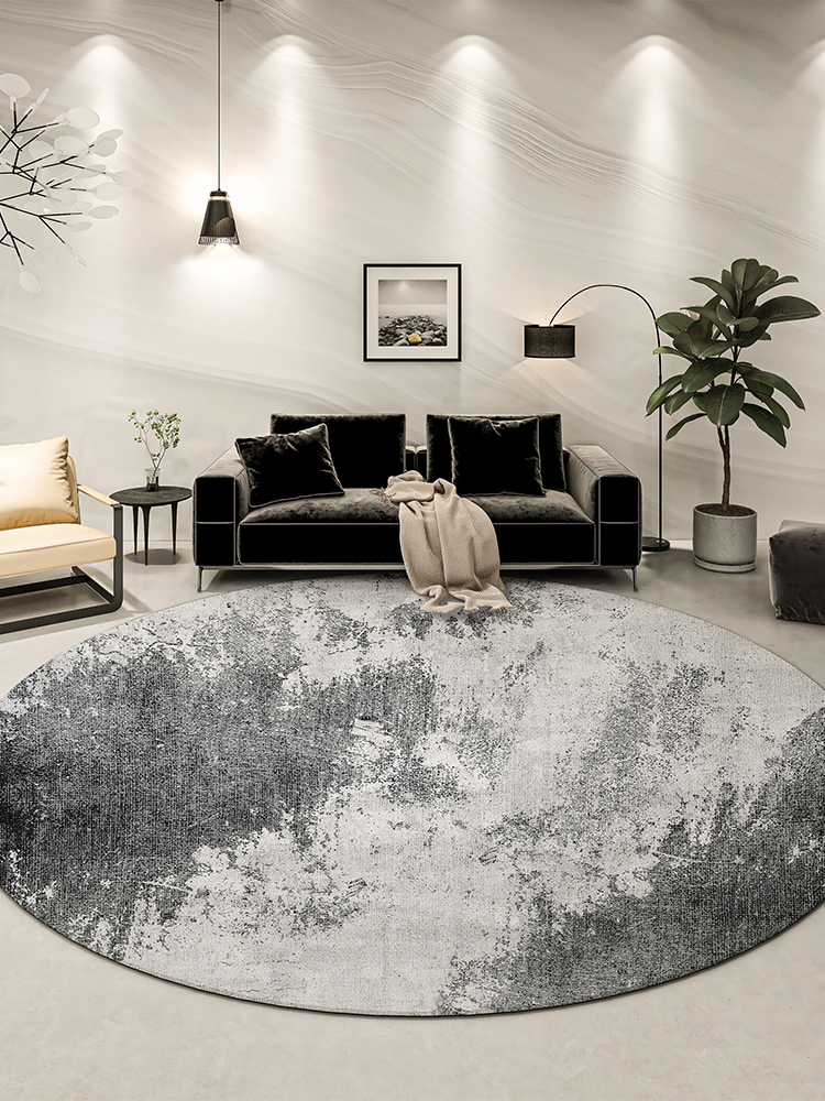 輕奢高級客廳臥室圓形地毯 沙發黑灰茶几毯 時尚簡約免打理地墊