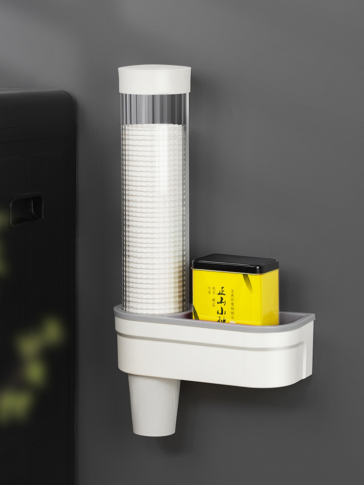 防塵飲水機旁紙杯收納置物架免打孔杯子架自動取杯器可放茶包